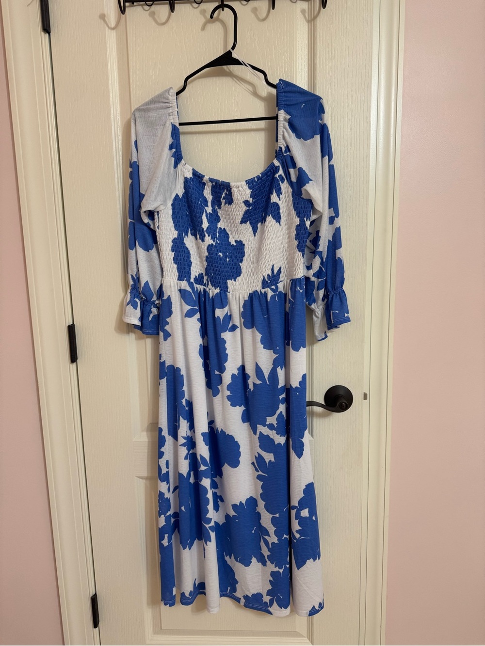 Blue Floral Scoop-Neck Midi Dress
